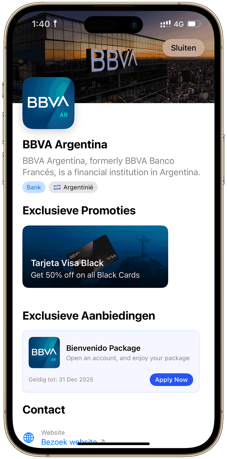 Un iPhone mostrando la página del socio BBVA Argentina dentro de Captain Waypoint, con promociones, ofertas y contacto.