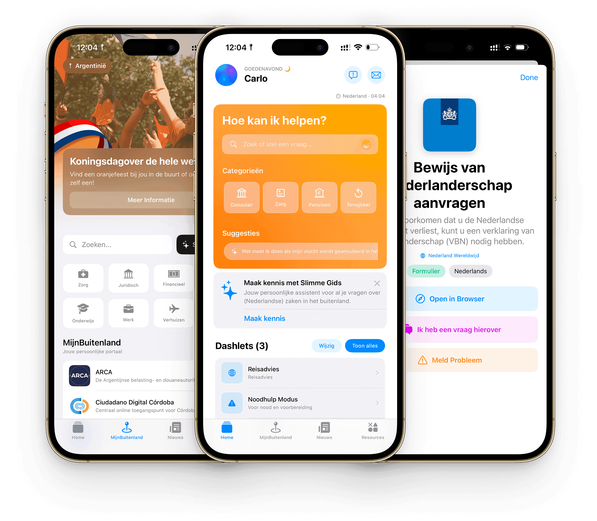 Tres iPhones mostrando Captain Waypoint: un directorio de partners, la pantalla de inicio preguntando en qué puede ayudar, y un formulario de solicitud de ciudadanía.